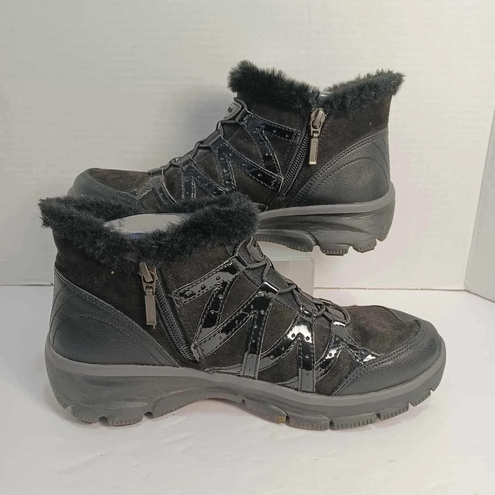 Skechers Relaxed Fit Black‎ Ankle Boots Womens Size 8 Side Zip Faux Fur